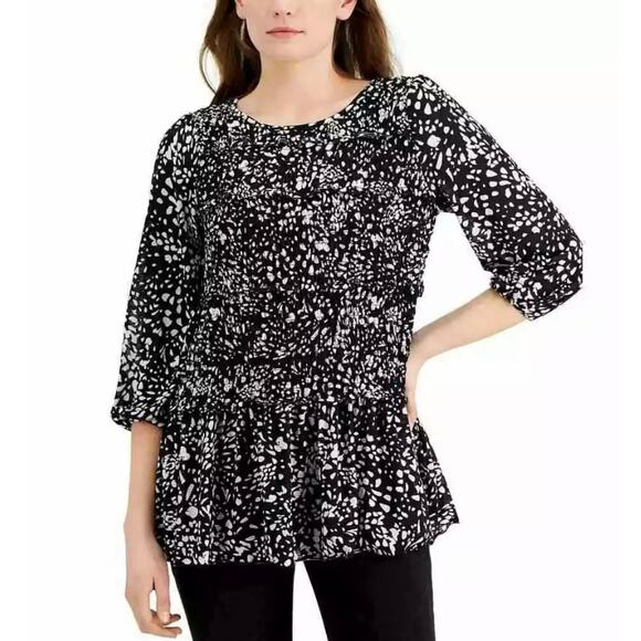 Fever Black White Dot Print Smocked Ruffled 3/4 Sleeve Top Women Medium New Mono - Picture 1 of 9